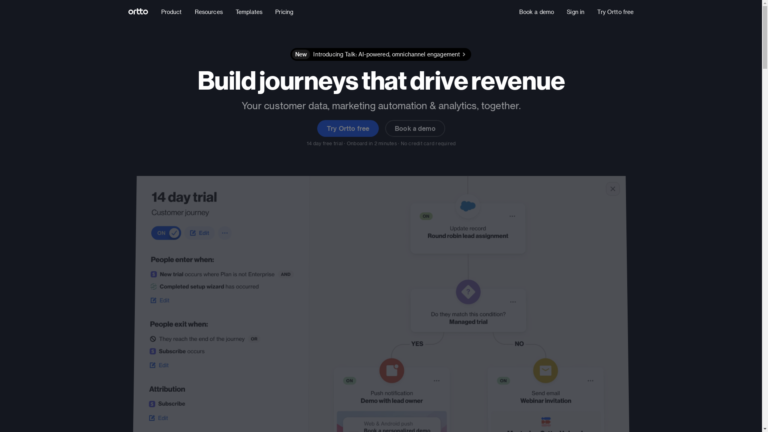 Capture d'écran de la page du site de Ortto
