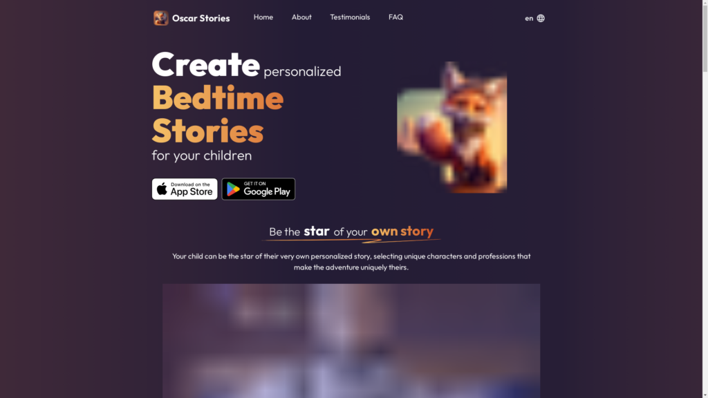 Capture d'écran de la page du site de Oscar - bedtime story generator