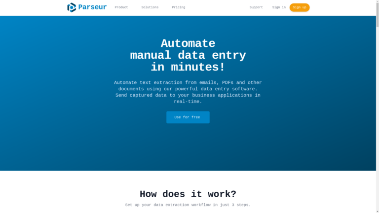 Capture d'écran de la page du site de Parseur