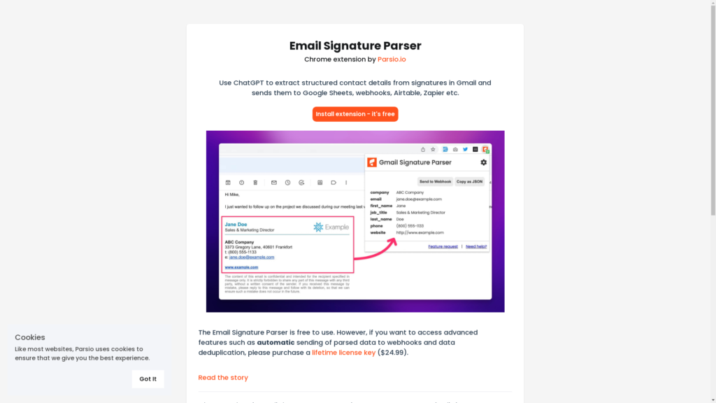 Capture d'écran de la page du site de Gmail Signature Parser