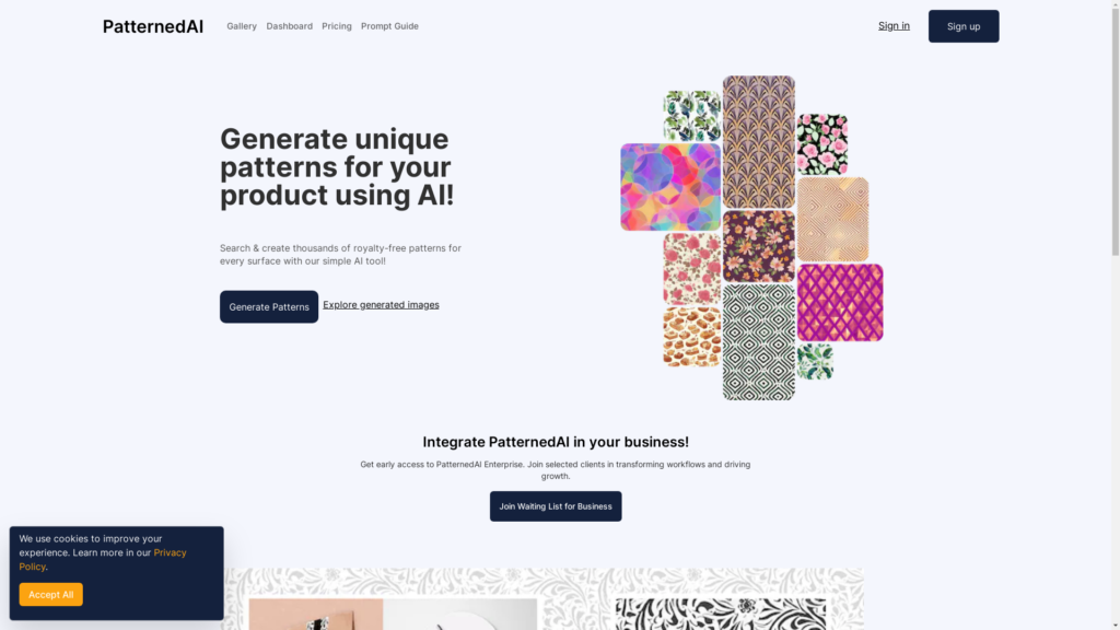 Capture d'écran de la page du site de Patterned AI
