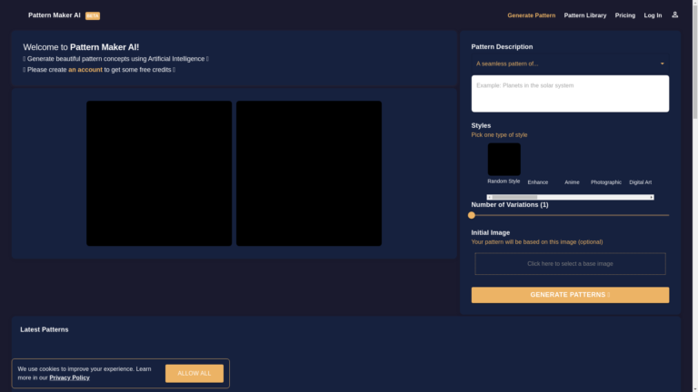 Capture d'écran de la page du site de Pattern Maker AI