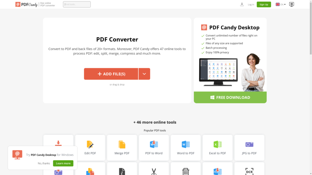 Capture d'écran de la page du site de PDF Candy