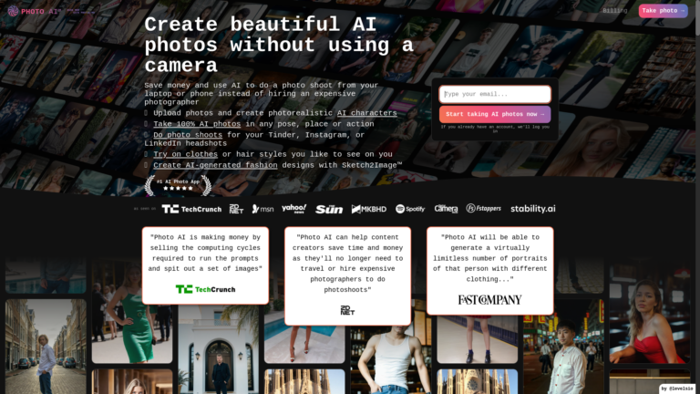 Capture d'écran de la page du site de Photo AI