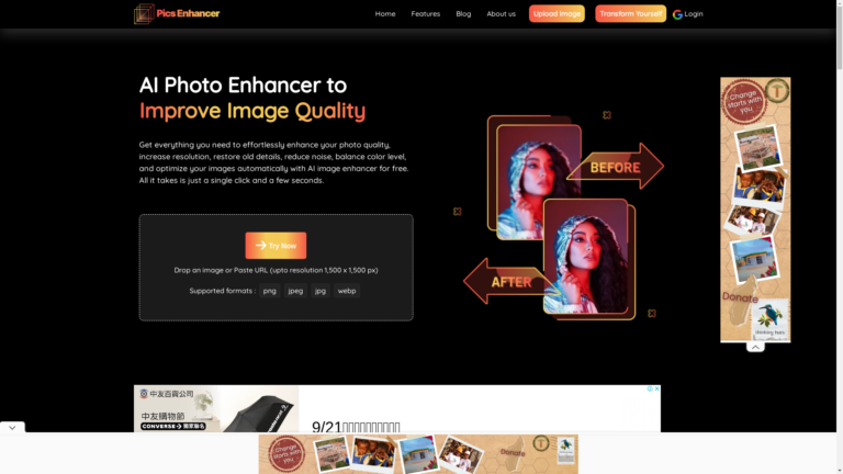 Capture d'écran de la page du site de Pics Enhancer