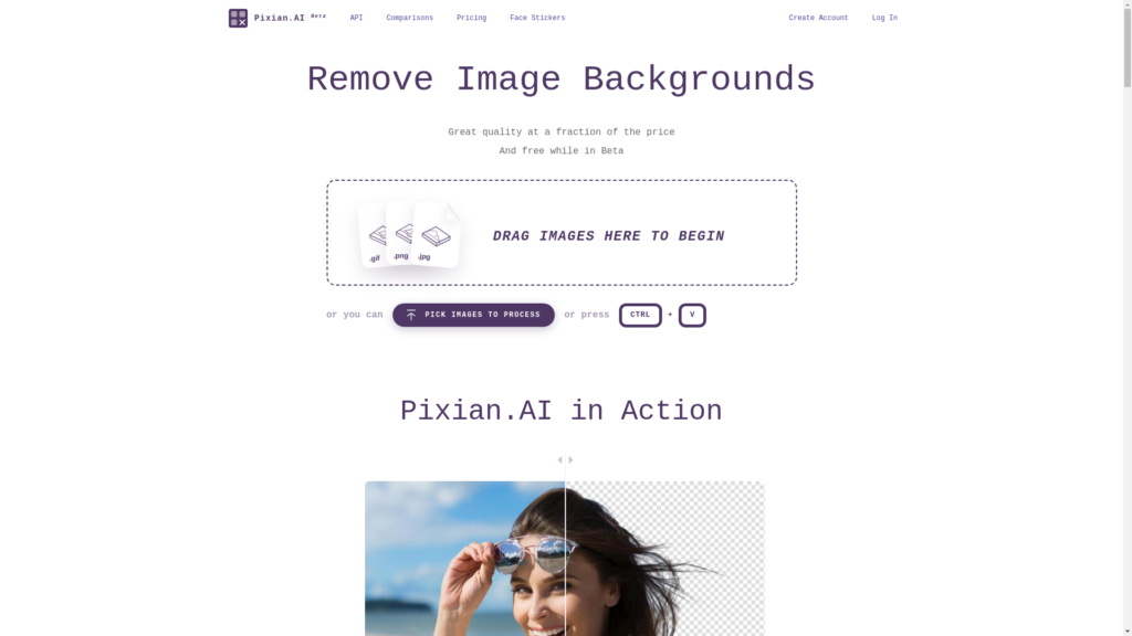 Capture d'écran de la page du site de Pixian.AI