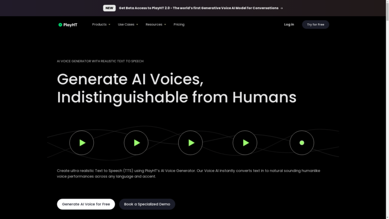 Capture d'écran de la page du site de PlayHT