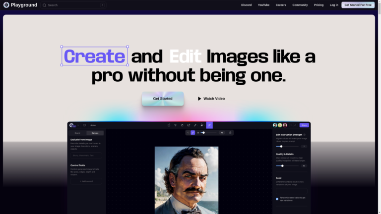 Capture d'écran de la page du site de Playground AI