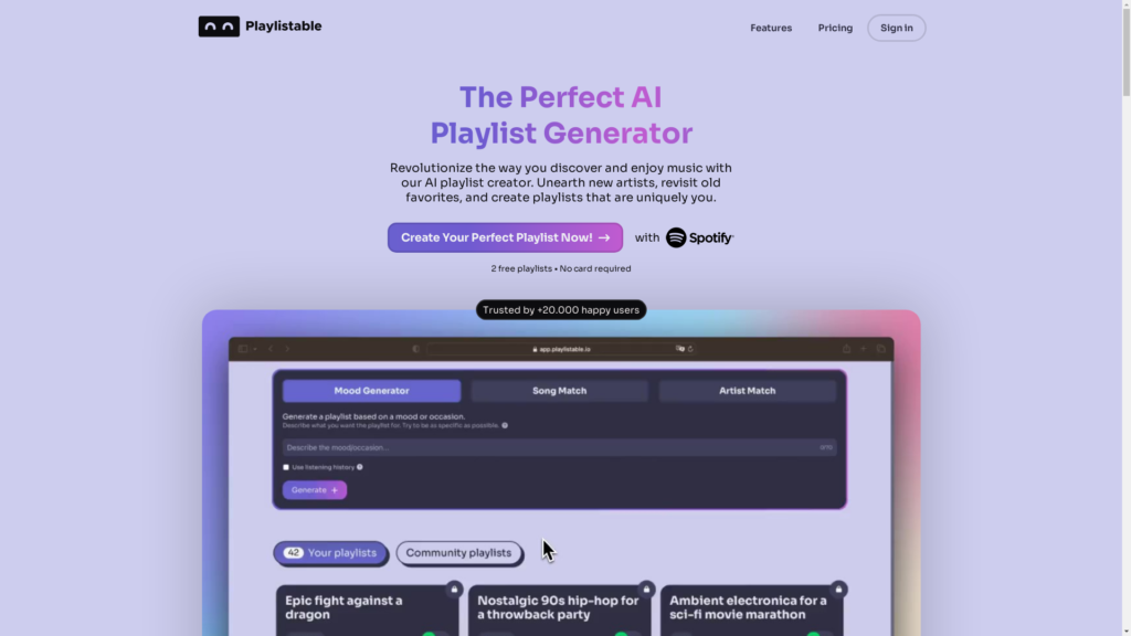 Capture d'écran de la page du site de Playlistable