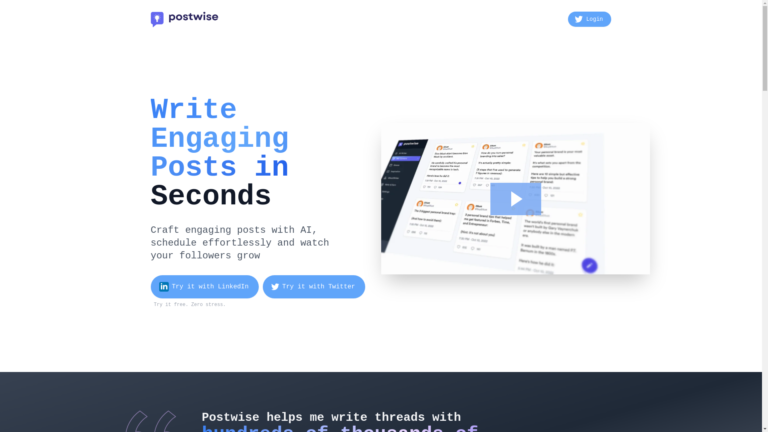 Capture d'écran de la page du site de Postwise