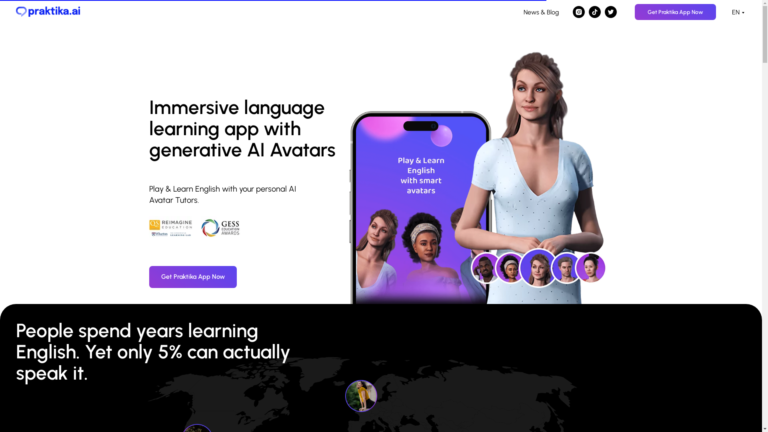 Capture d'écran de la page du site de Praktika ai