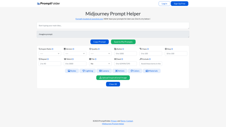 Capture d'écran de la page du site de MidJourney Prompt Helper
