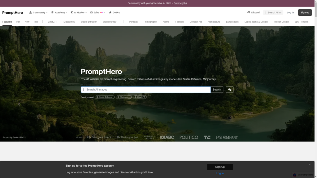 Capture d'écran de la page du site de PromptHero