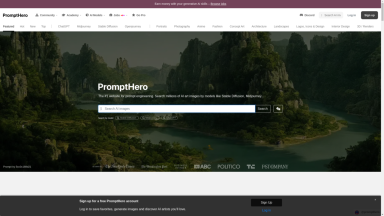 Capture d'écran de la page du site de PromptHero