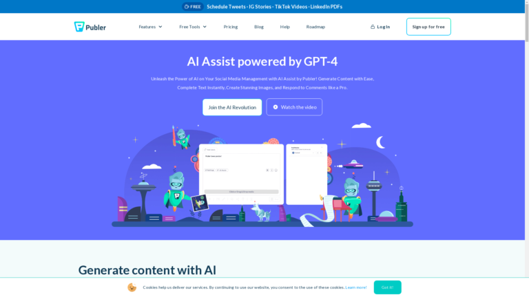 Capture d'écran de la page du site de Publer AI Assist