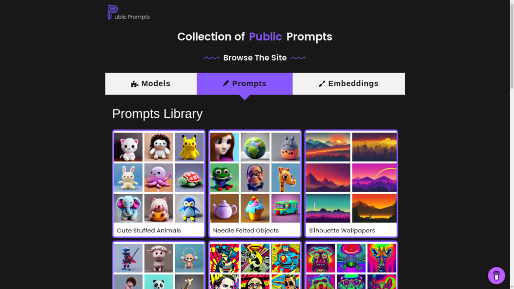 Capture d'écran de la page du site de Public Prompts