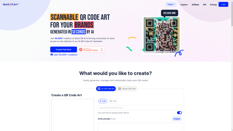Capture d'écran de la page du site de QuickQR Art