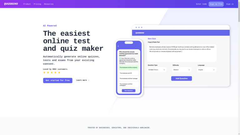Capture d'écran de la page du site de Quizgecko