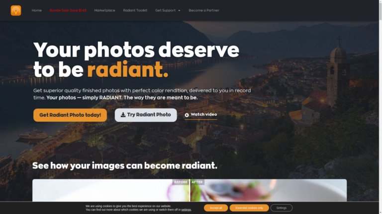 Capture d'écran de la page du site de Radiant Photo