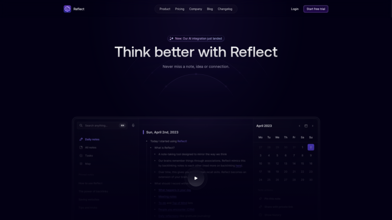 Capture d'écran de la page du site de Reflect AI