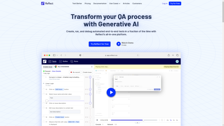 Capture d'écran de la page du site de Reflect.run