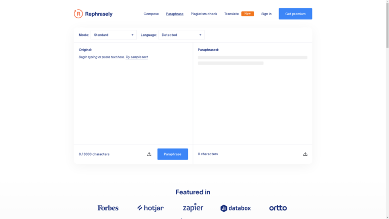 Capture d'écran de la page du site de Rephrasely