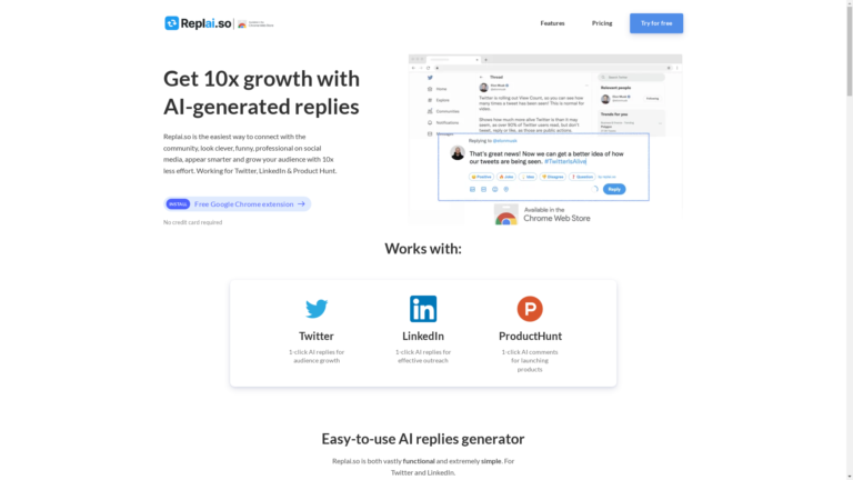 Capture d'écran de la page du site de Repl AI