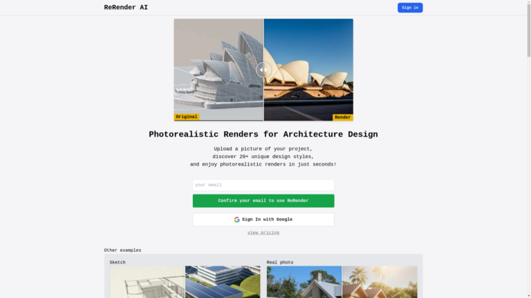 Capture d'écran de la page du site de ReRender AI