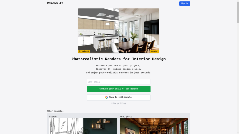 Capture d'écran de la page du site de Reroom AI