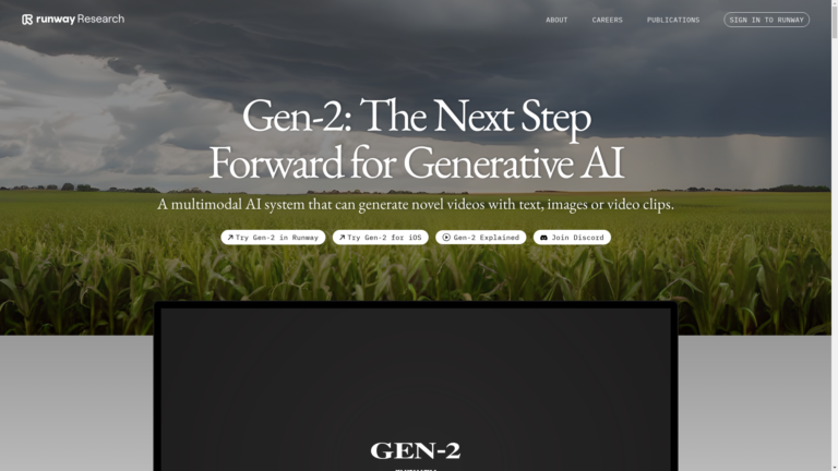 Capture d'écran de la page du site de Gen-2 by Runway