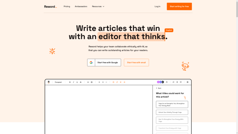 Capture d'écran de la page du site de Reword
