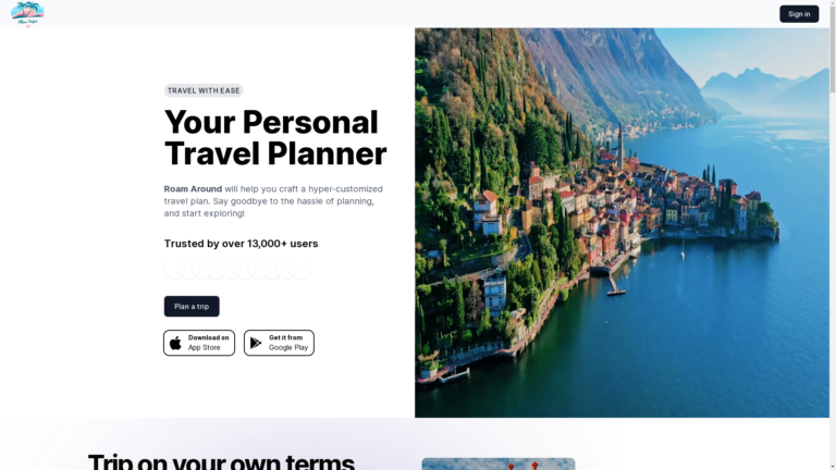 Capture d'écran de la page du site de Roam Around App