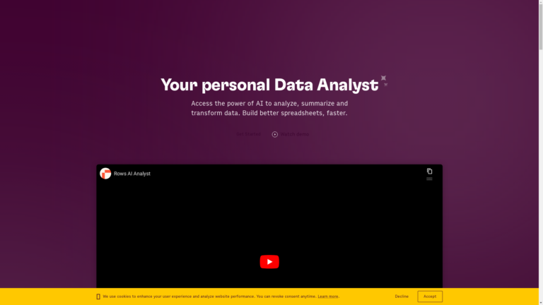 Capture d'écran de la page du site de Rows AI