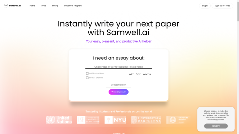 Capture d'écran de la page du site de Samwell AI