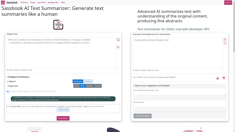 Capture d'écran de la page du site de AI Summarizer