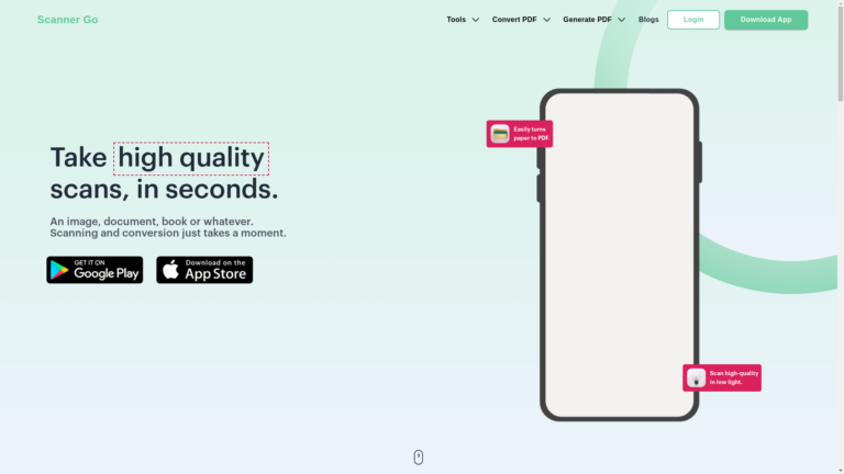 Capture d'écran de la page du site de ScannerGo