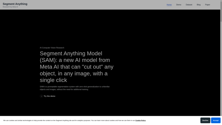Capture d'écran de la page du site de Segment Anything