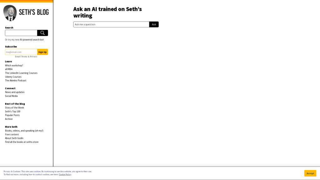 Capture d'écran de la page du site de Seths Chatbot