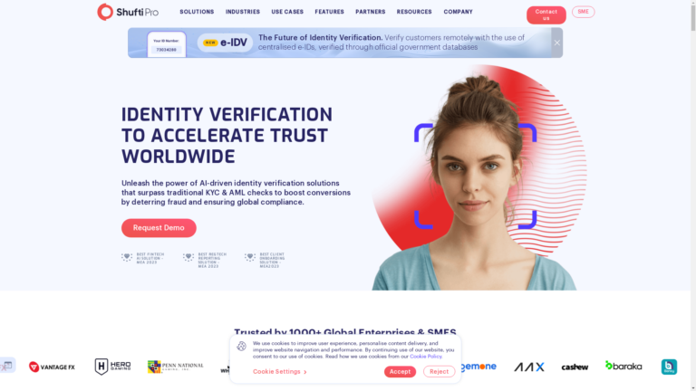 Capture d'écran de la page du site de Shufti Pro