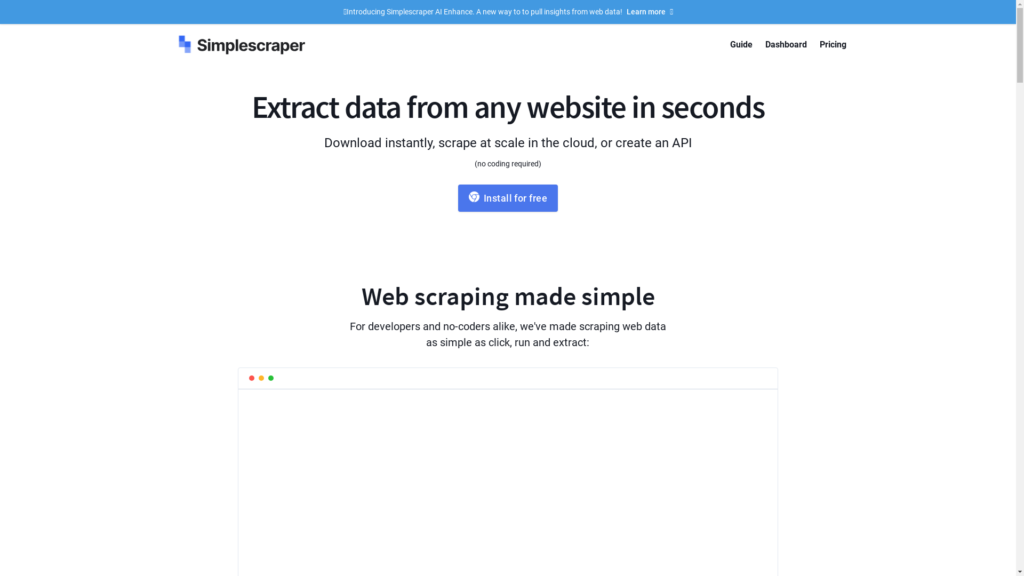 Capture d'écran de la page du site de Simplescraper