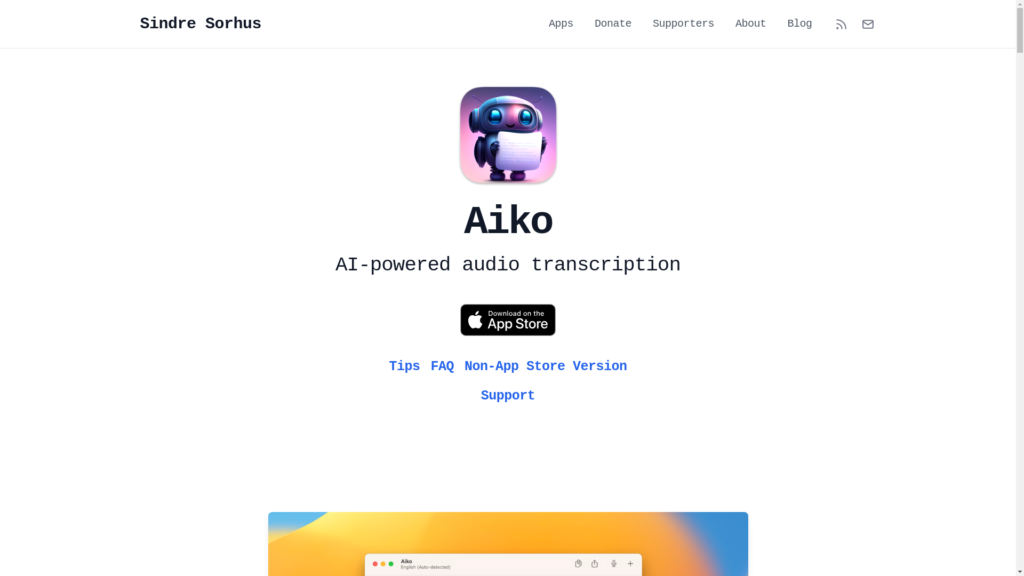 Capture d'écran de la page du site de Aiko