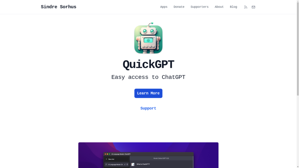 Capture d'écran de la page du site de QuickGPT