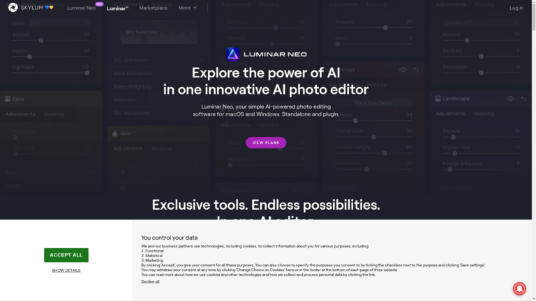 Capture d'écran de la page du site de Luminar Neo