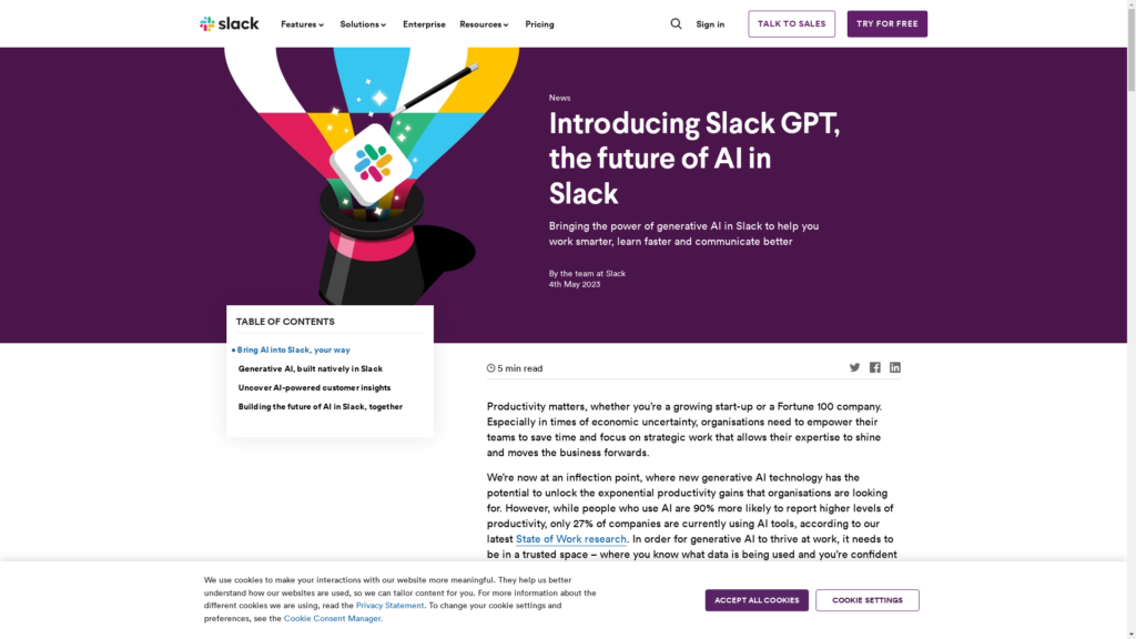 Capture d'écran de la page du site de Slack GPT
