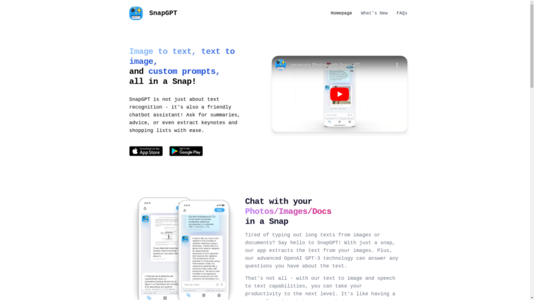 Capture d'écran de la page du site de SnapGPT