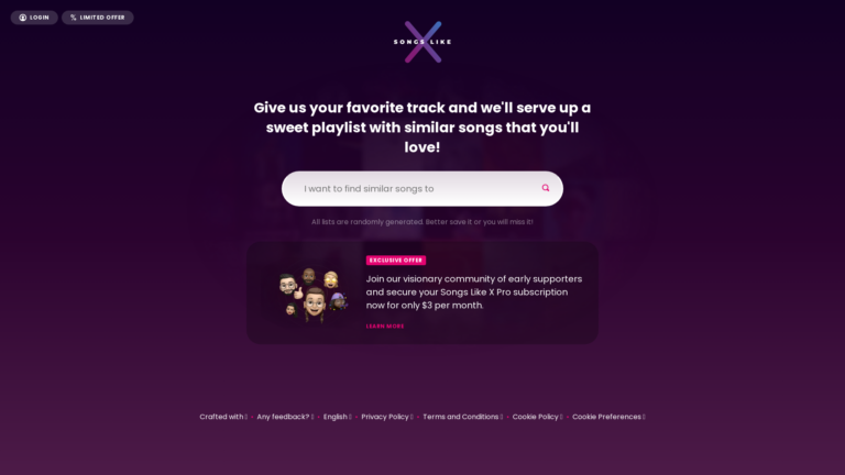 Capture d'écran de la page du site de Songs Like X