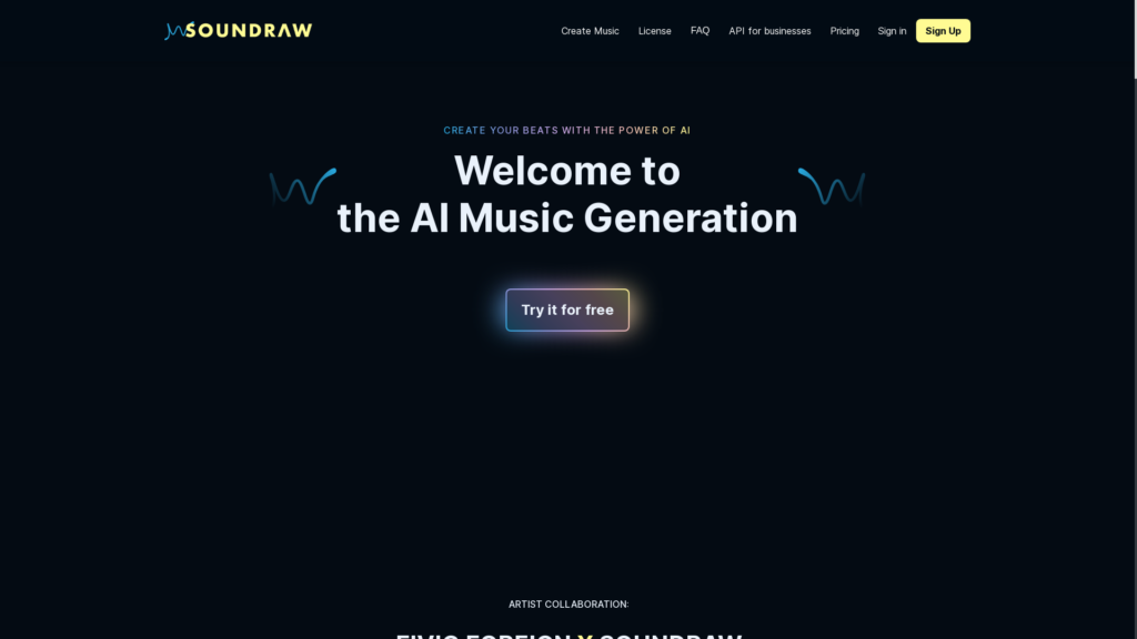 Capture d'écran de la page du site de Soundraw