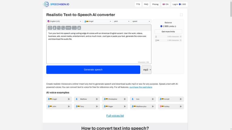 Capture d'écran de la page du site de SpeechGen