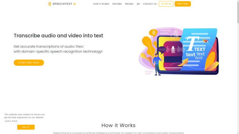 Capture d'écran de la page du site de SpeechText.AI