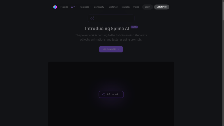 Capture d'écran de la page du site de Spline AI
